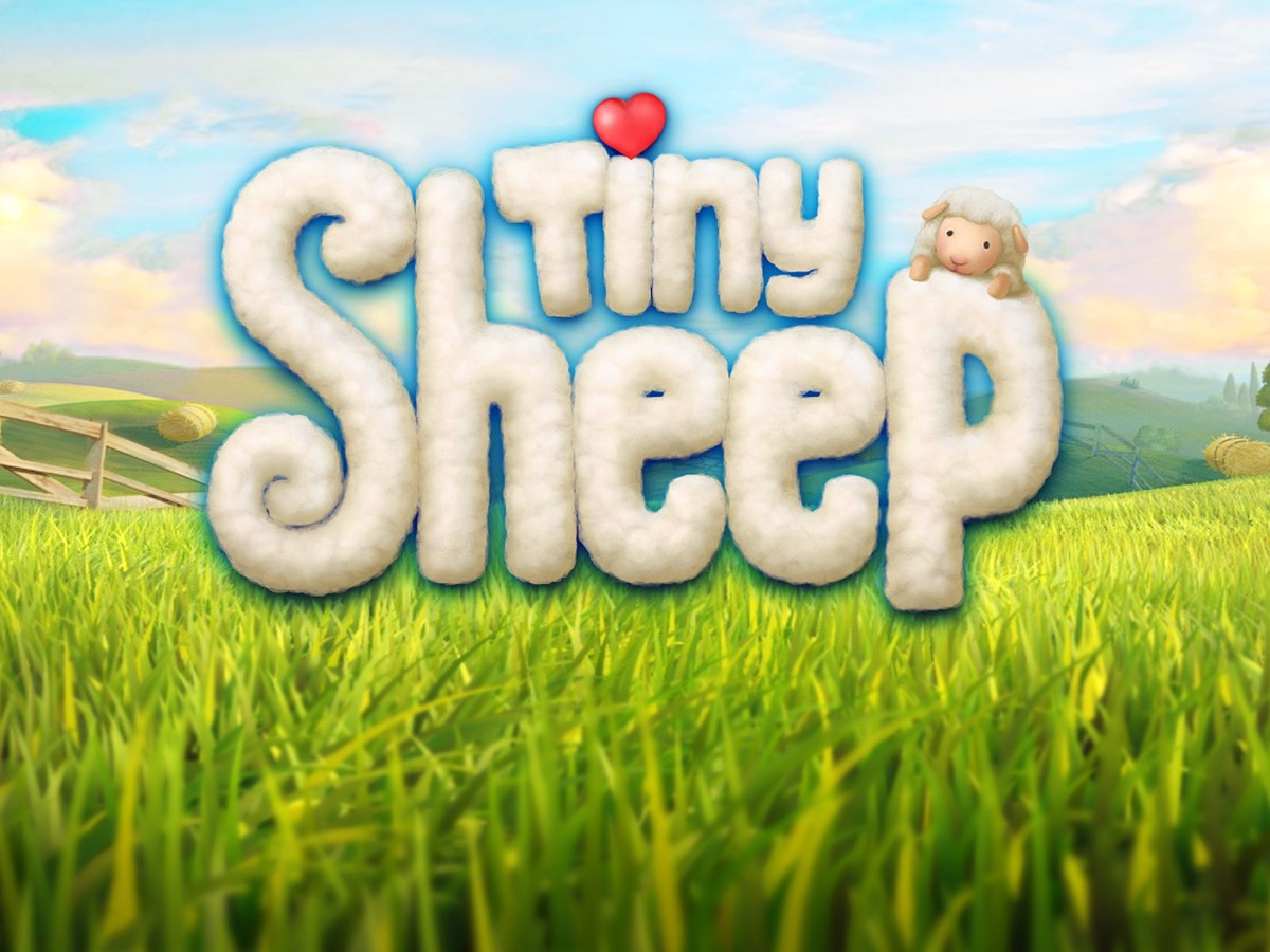 Tiny Sheep key art — a meadow farm with fluffy white sheep and a growing town